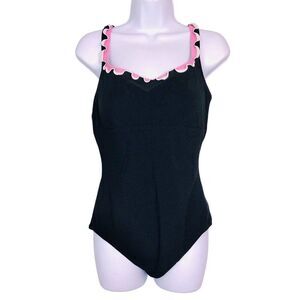 Profile Women Bathing Suit SZ 14 Black Pink White One Piece Ruffled Neckline